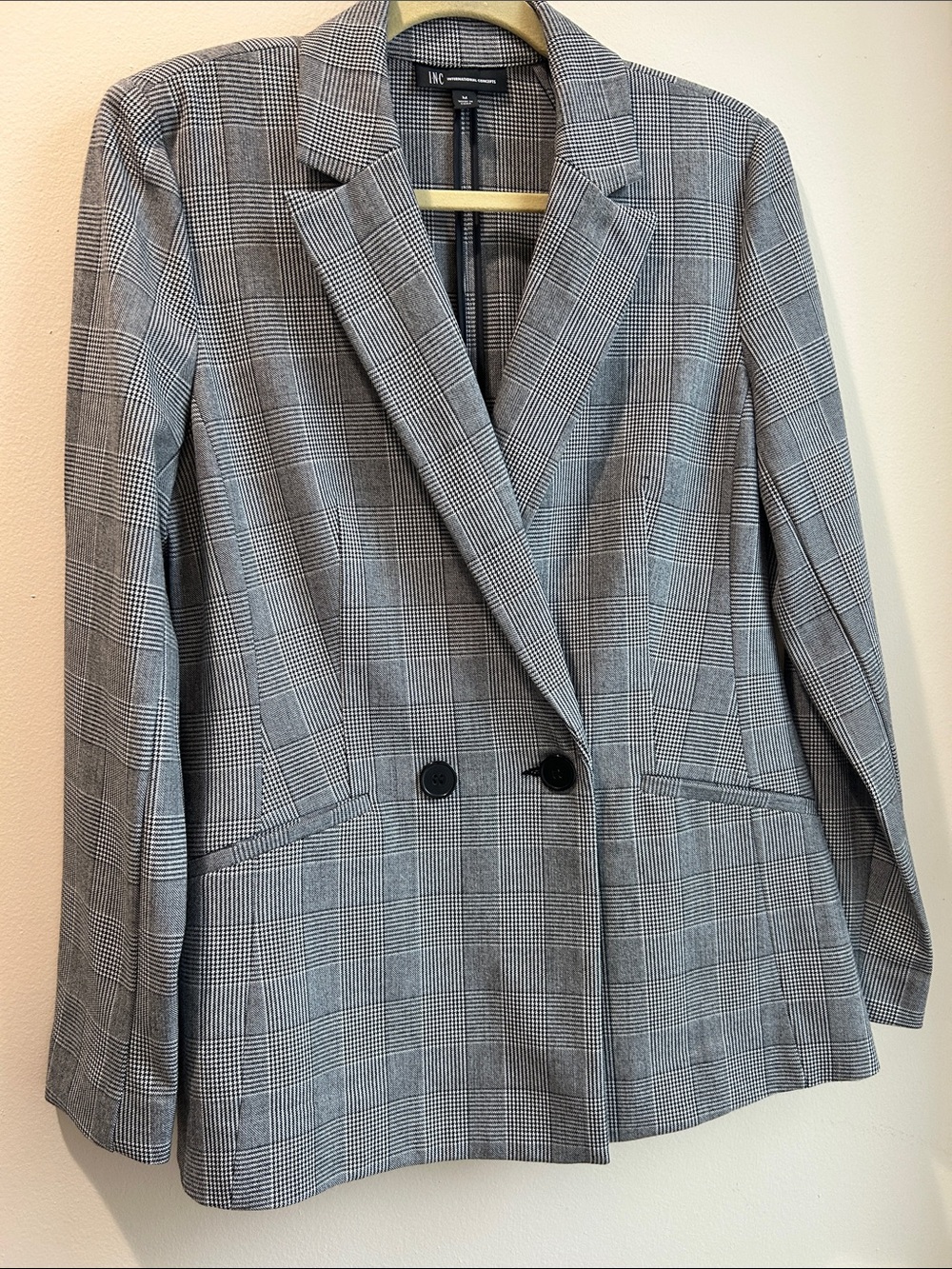 INC International Concepts Gray Plaid Double-Breasted Blazer Jacket